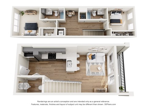 Floor plan for 2 beds, 2.5 baths, 1098 sqft